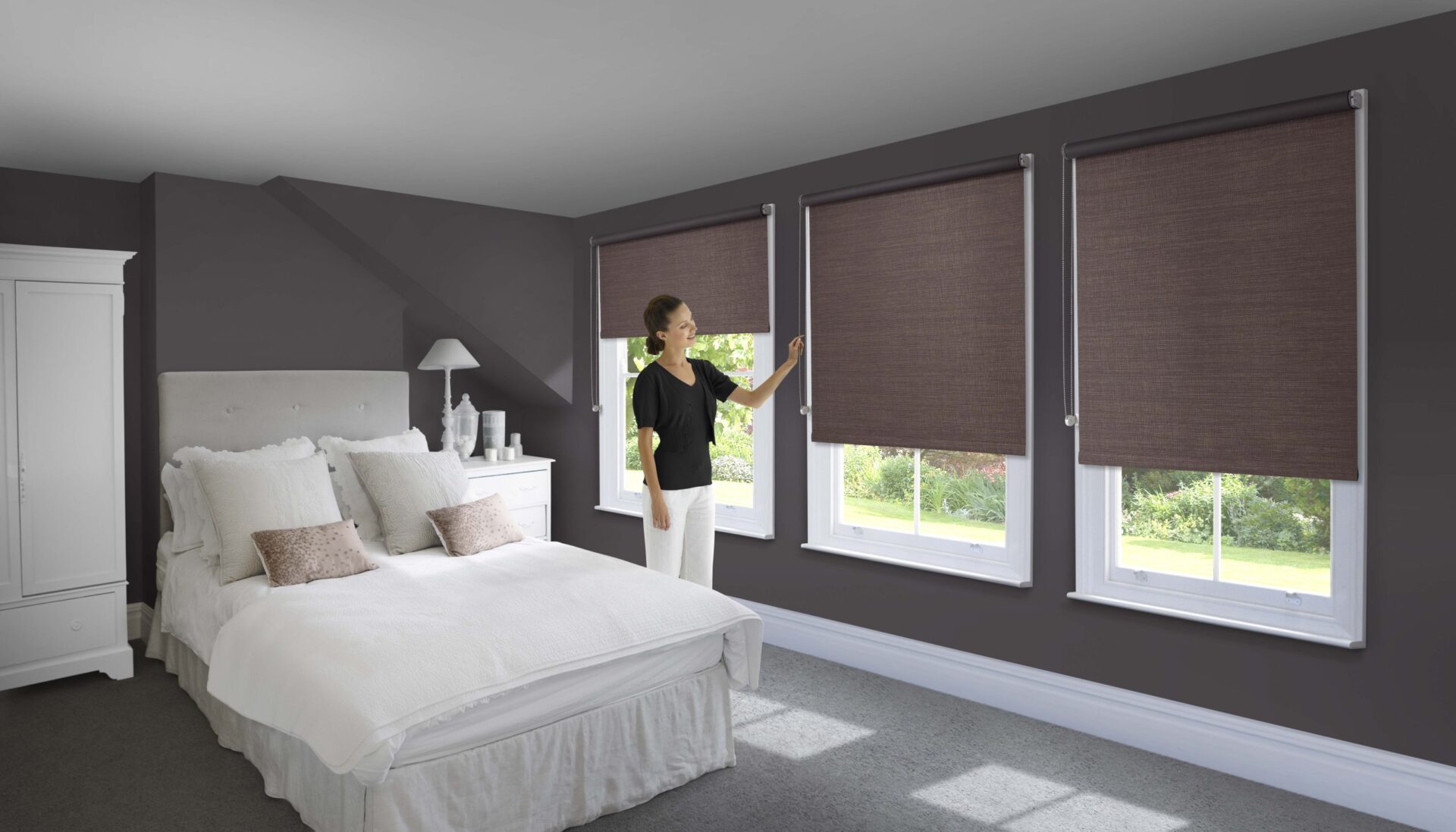 Roller blinds, bedroom, luxury, sophisticated